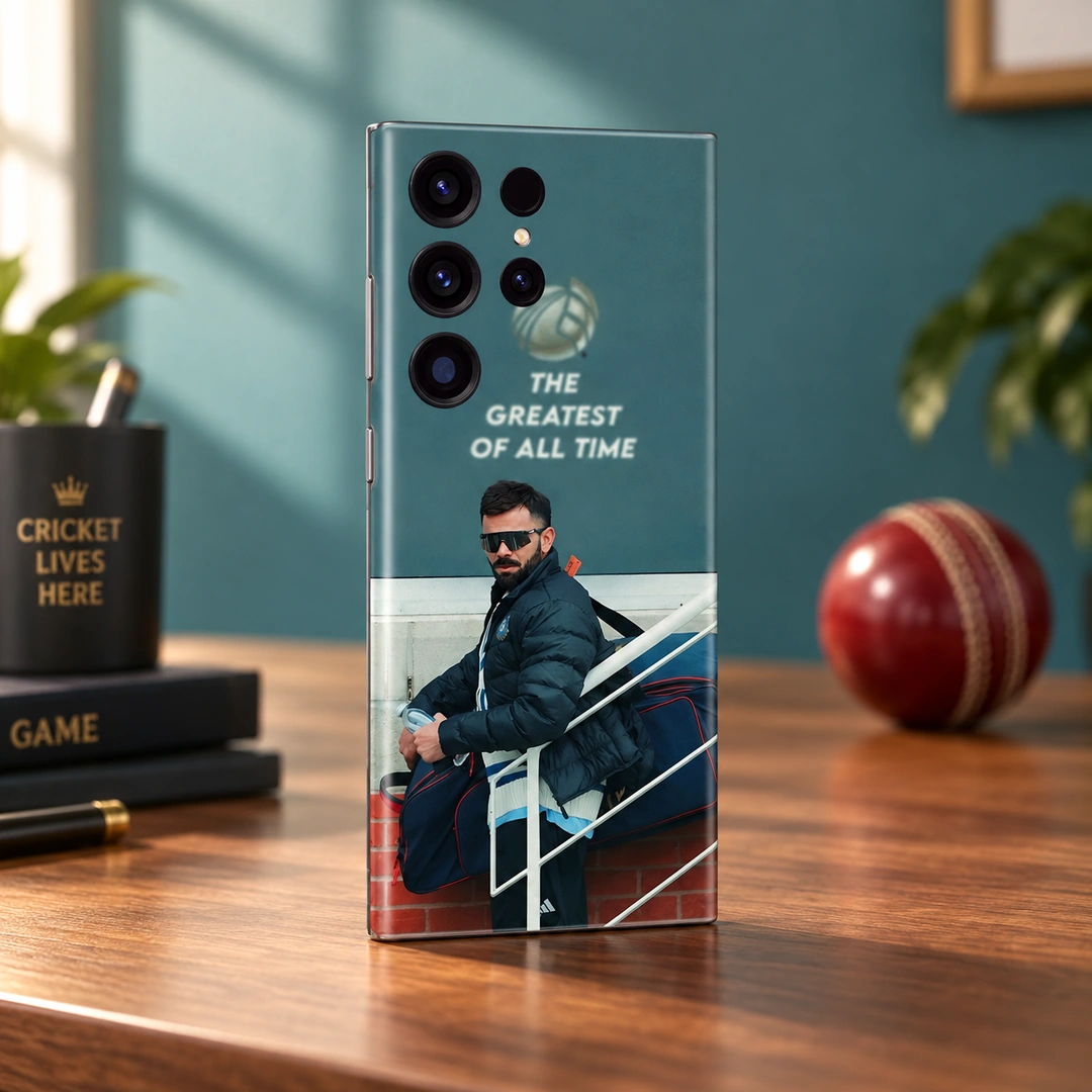 Virat Kohli Photo Mobile Skin - Walnut cricket desk Virat Kohli photo phone skin with THE GREATEST OF ALL TIME quote, walnut cricket desk