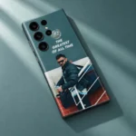 Virat Kohli photo phone skin with THE GREATEST OF ALL TIME quote, teal studio angle