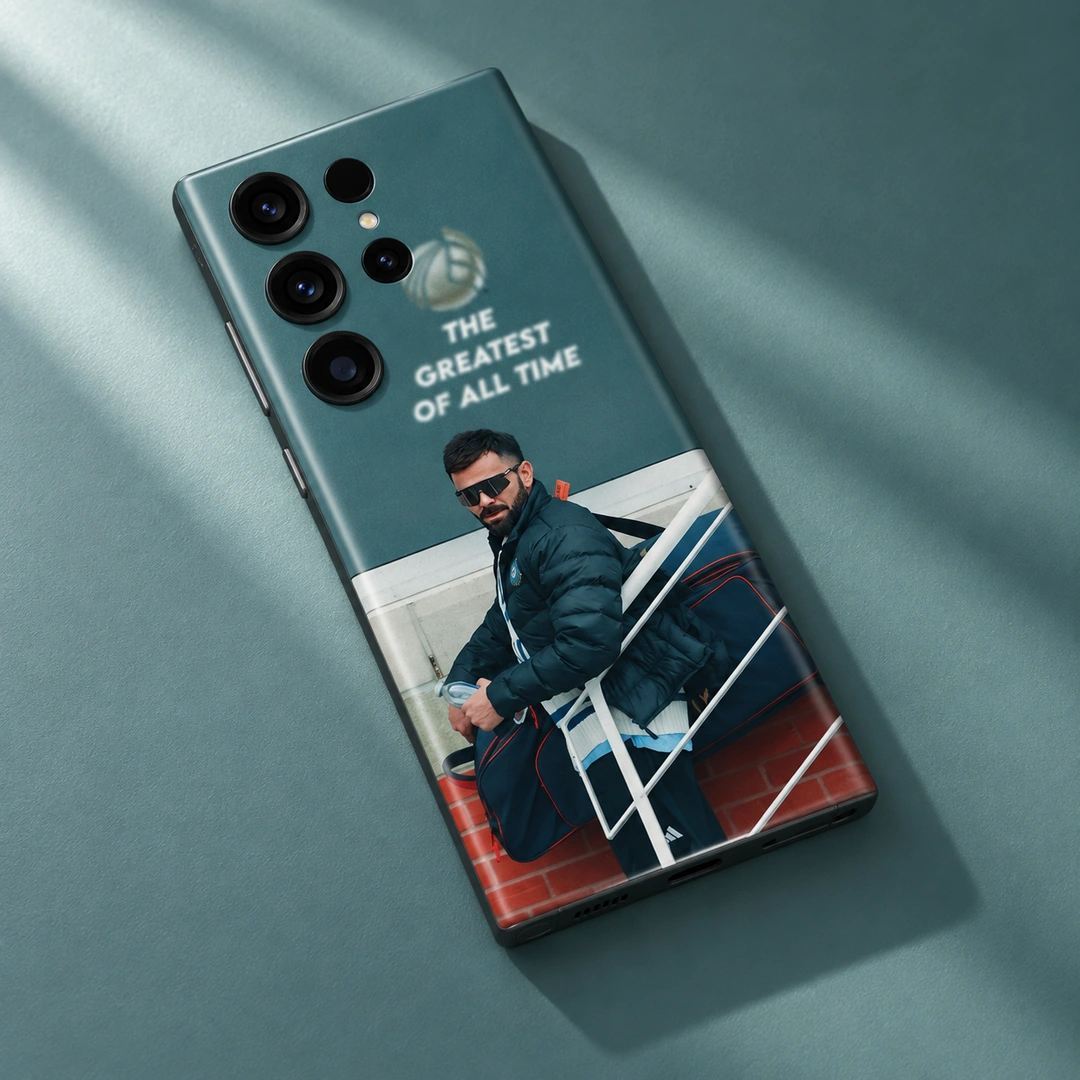 Virat Kohli Photo Mobile Skin - Teal studio angle Virat Kohli photo phone skin with THE GREATEST OF ALL TIME quote, teal studio angle