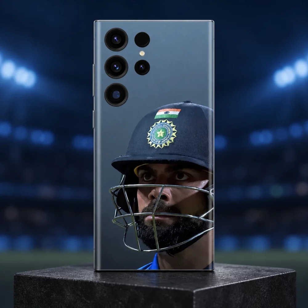 Virat Kohli helmet portrait mobile skin in slate blue, stadium hero