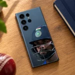 Virat Kohli helmet portrait mobile skin in slate blue, cricket fan desk