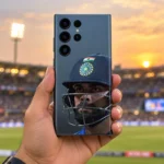 Virat Kohli helmet portrait mobile skin in slate blue, handheld ground view