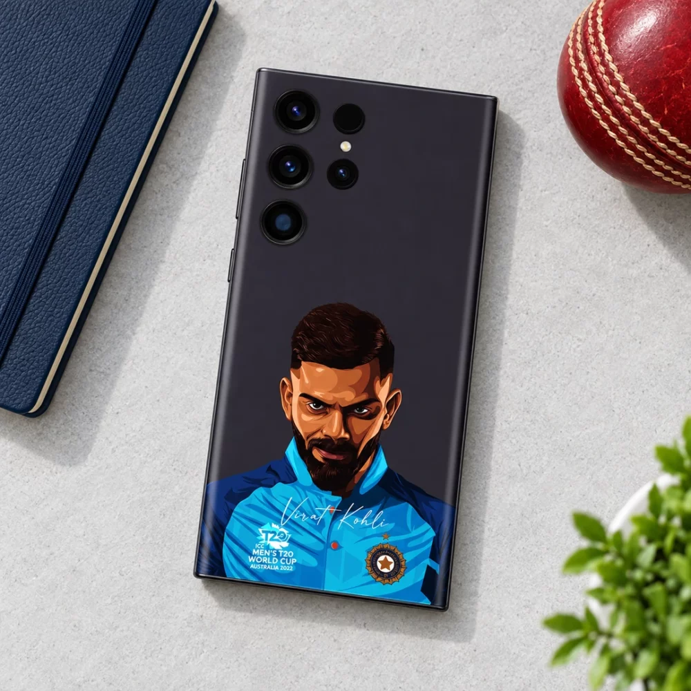 Virat Kohli illustrated portrait skin with blue jersey and signature, daylight desk view