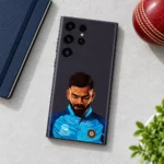 Virat Kohli illustrated portrait skin with blue jersey and signature, daylight desk view