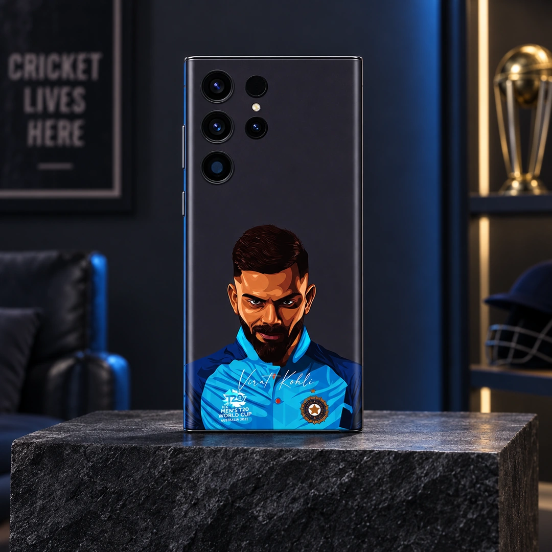 Virat Kohli Illustrated Portrait Mobile Skin - sports lounge Virat Kohli illustrated portrait skin with blue jersey and signature, sports lounge view