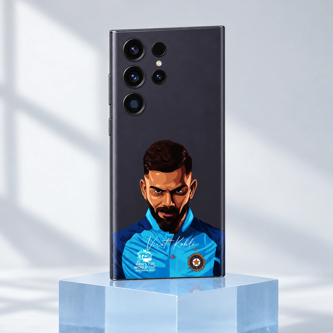 Virat Kohli Illustrated Portrait Mobile Skin - blue studio pedestal Virat Kohli illustrated portrait skin with blue jersey and signature, blue studio pedestal view