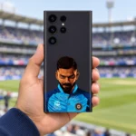 Virat Kohli illustrated portrait skin with blue jersey and signature, stadium handheld view