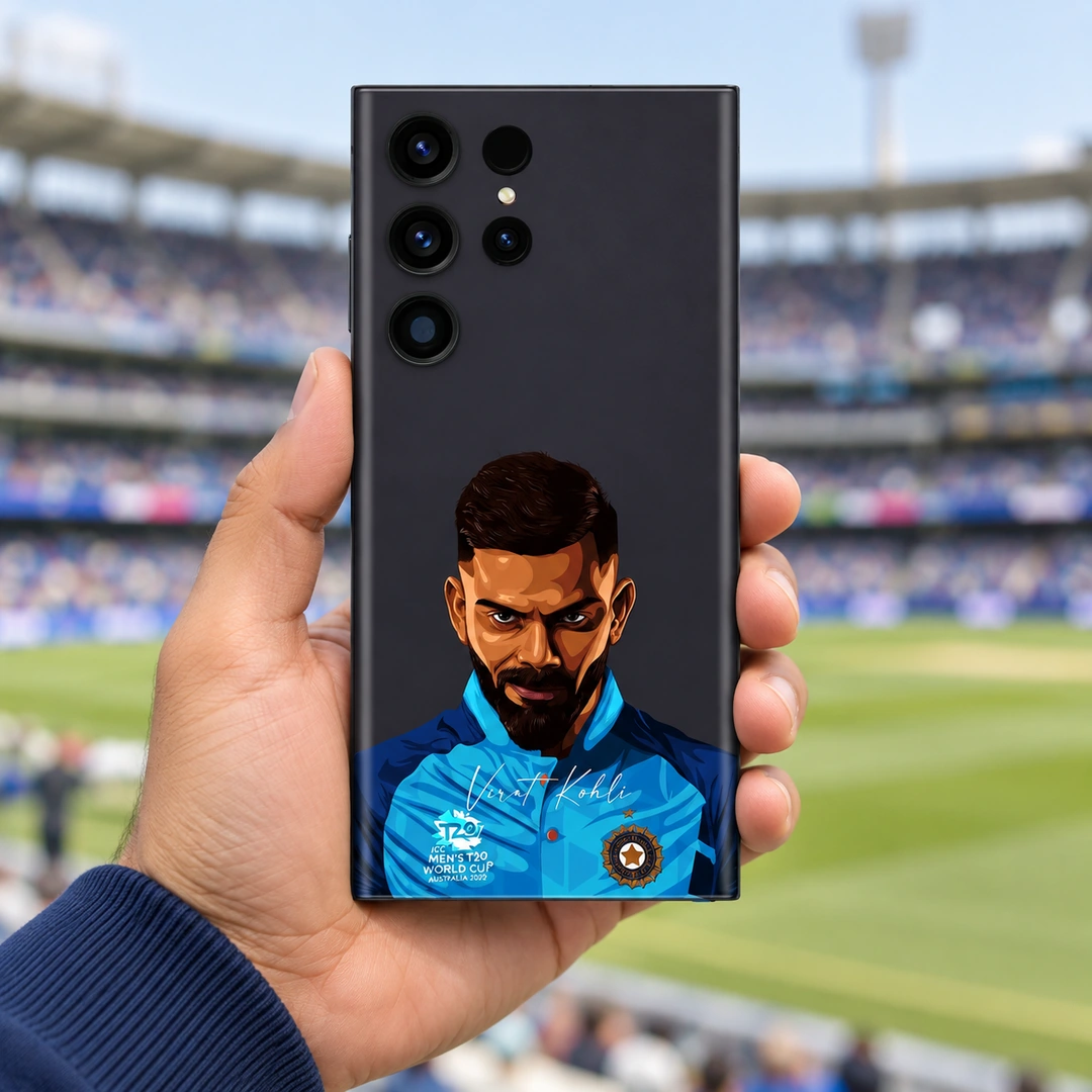 Virat Kohli Illustrated Portrait Mobile Skin - stadium handheld Virat Kohli illustrated portrait skin with blue jersey and signature, stadium handheld view