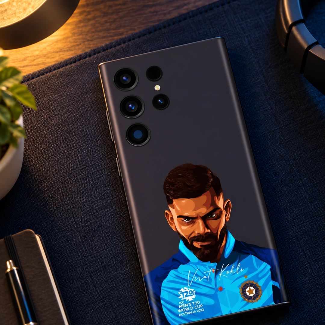 Virat Kohli Illustrated Portrait Mobile Skin - evening detail Virat Kohli illustrated portrait skin with blue jersey and signature, evening detail view