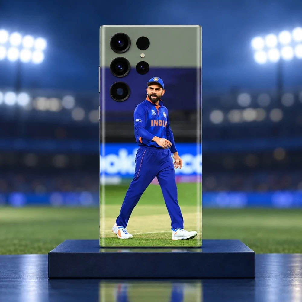 Virat Kohli mobile skin with full-length blue India uniform photograph in stadium hero view