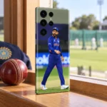 Virat Kohli mobile skin with full-length blue India uniform photograph in clubhouse window view