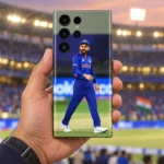 Virat Kohli mobile skin with full-length blue India uniform photograph in stadium handheld view