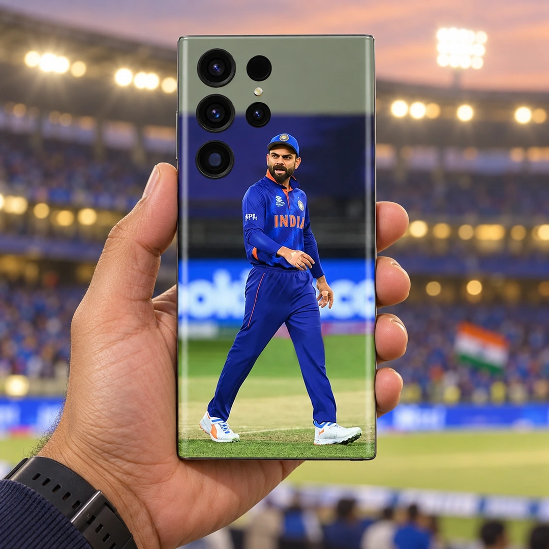 Virat Kohli India On-Field Mobile Skin – stadium handheld Virat Kohli mobile skin with full-length blue India uniform photograph in stadium handheld view