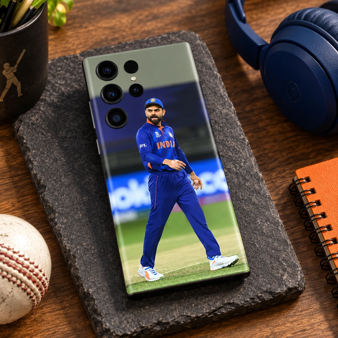 Virat Kohli India On-Field Mobile Skin – cricket workspace Virat Kohli mobile skin with full-length blue India uniform photograph in cricket workspace view