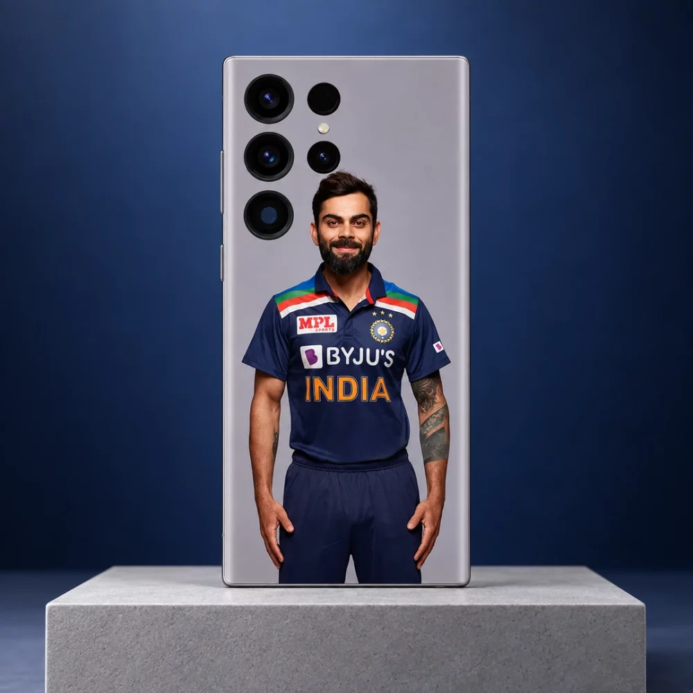 Virat Kohli India jersey portrait mobile skin on grey, navy studio hero