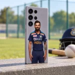 Virat Kohli India jersey portrait mobile skin on grey, cricket field angle