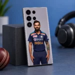 Virat Kohli India jersey portrait mobile skin on grey, blue lounge