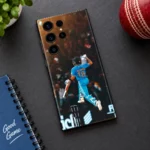 Virat Kohli King 18 mobile skin with jumping celebration photo, cricket desk flat lay