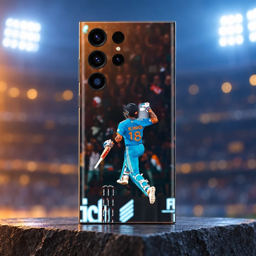 Virat Kohli King 18 mobile skin with jumping celebration photo, stadium hero