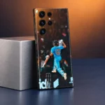 Virat Kohli King 18 mobile skin with jumping celebration photo, blue studio angle