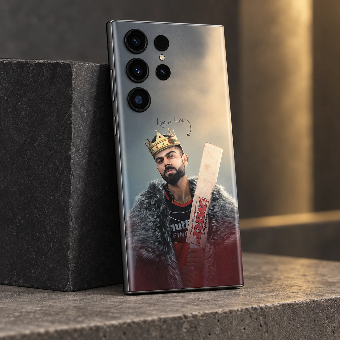 Virat Kohli King Photo Mobile Skin - Angled Studio Angled view of the King Is Here Kohli mobile skin