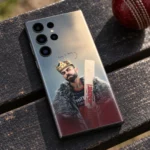 Virat Kohli crown and bat mobile skin on a cricket bench
