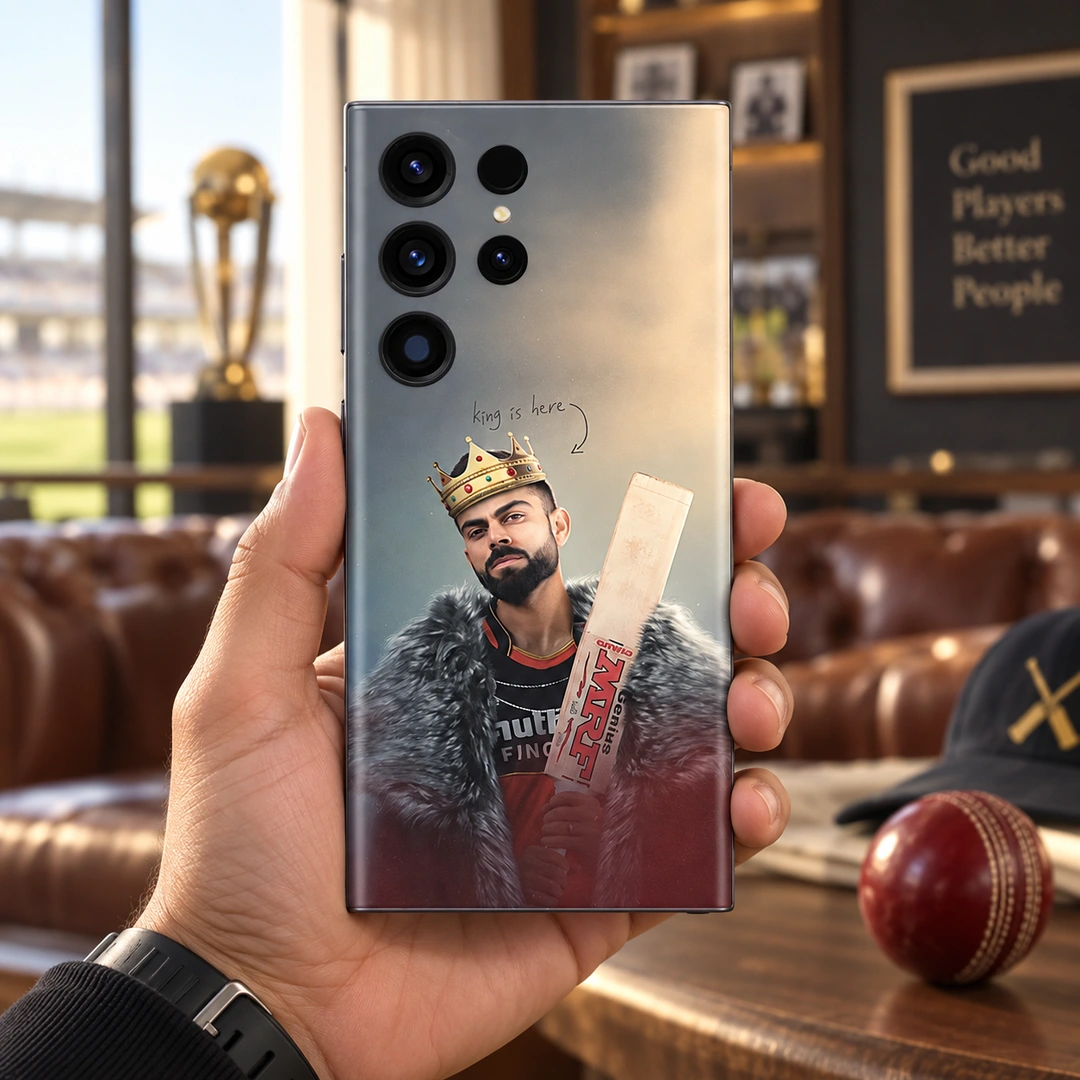 Virat Kohli King Photo Mobile Skin - Cricket Lounge Virat Kohli king photo mobile skin held in a cricket lounge