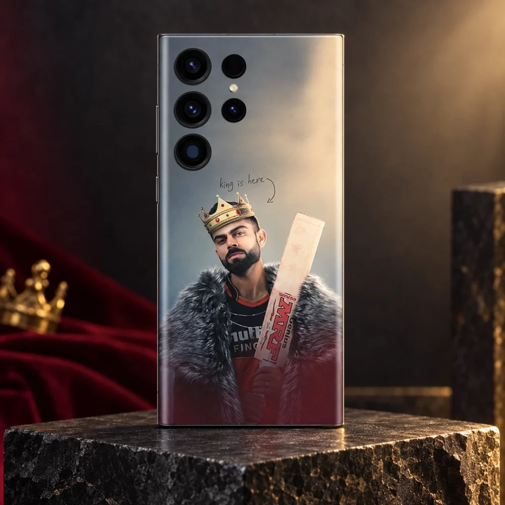 Virat Kohli king photo mobile skin standing in a dark gold-lit studio