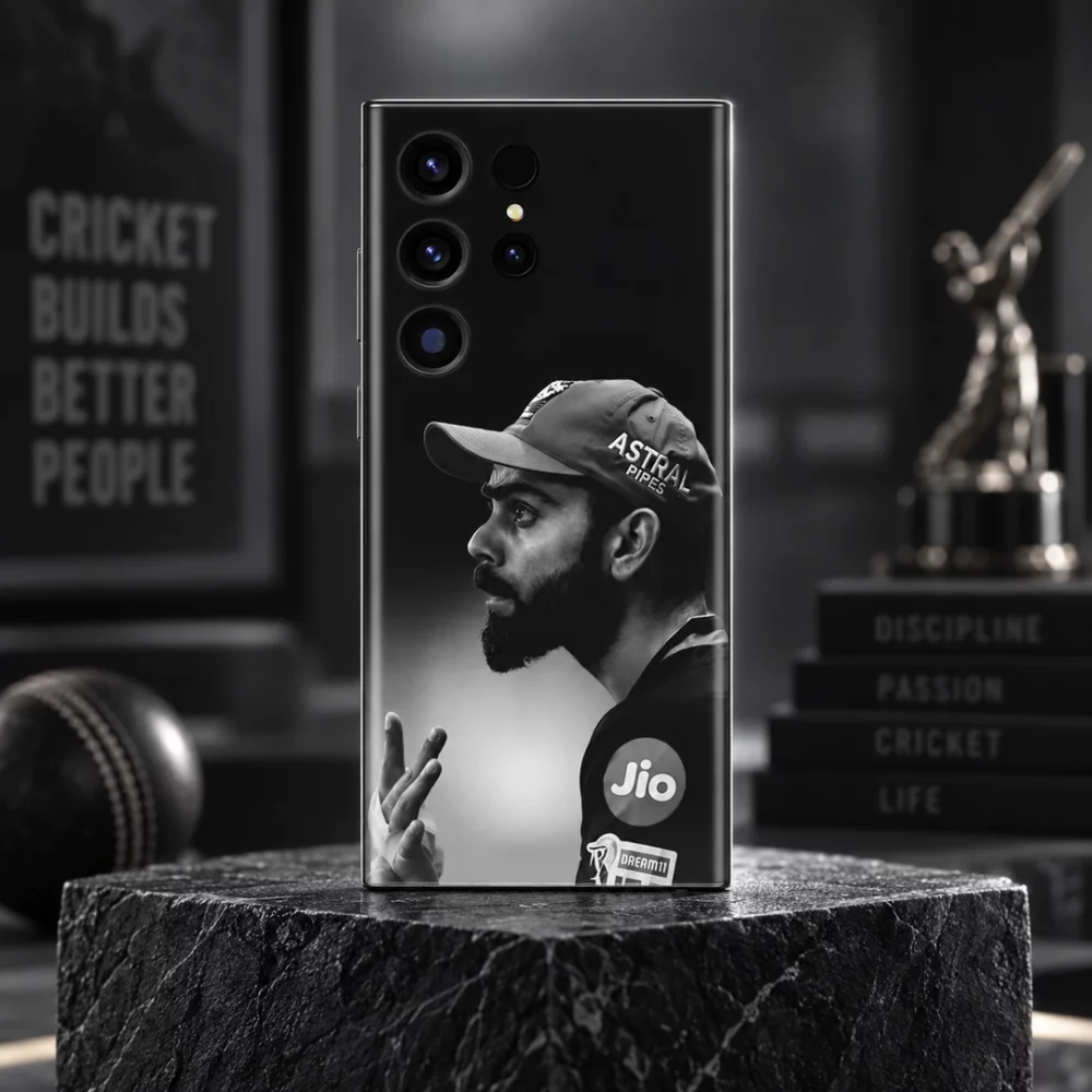 Black and white Virat Kohli side-profile mobile skin with cap portrait, lounge hero
