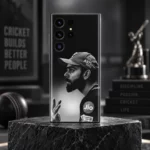 Black and white Virat Kohli side-profile mobile skin with cap portrait, lounge hero