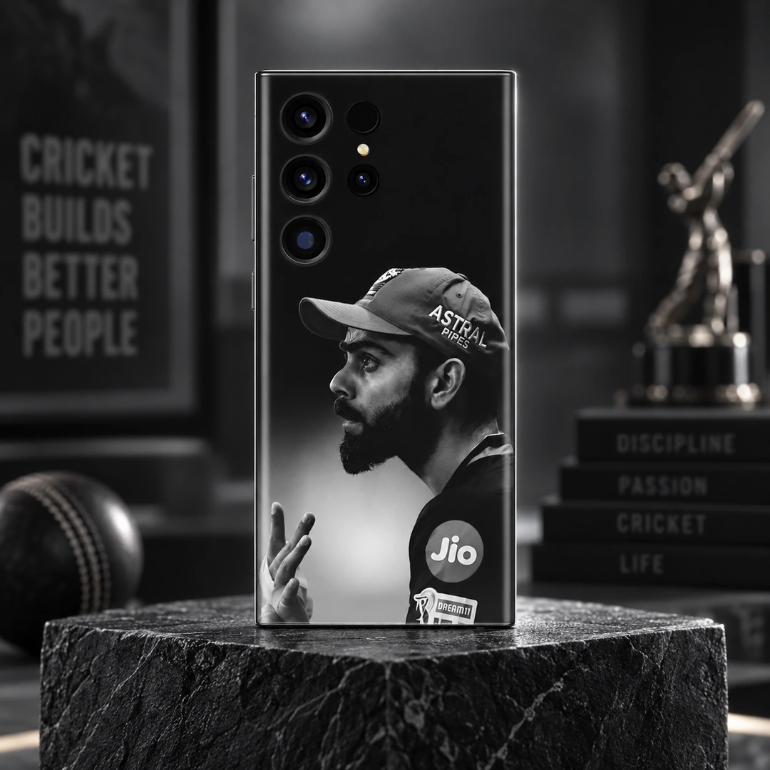 Virat Kohli Black & White Profile Mobile Skin - Lounge Hero Black and white Virat Kohli side-profile mobile skin with cap portrait, lounge hero