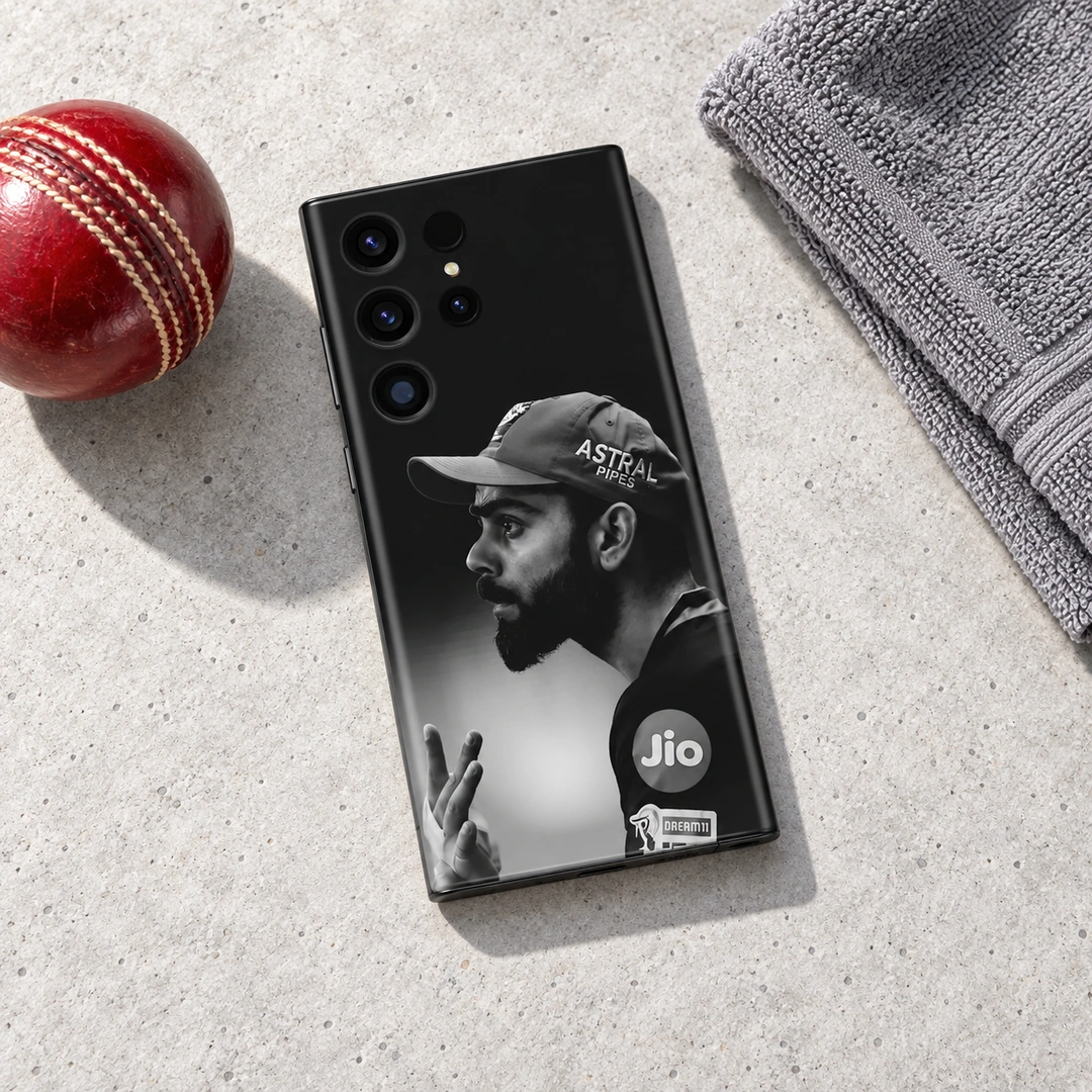 Virat Kohli Black & White Profile Mobile Skin - Cricket Flat Lay Black and white Virat Kohli side-profile mobile skin with cap portrait, cricket flat lay