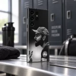 Black and white Virat Kohli side-profile mobile skin with cap portrait, locker view