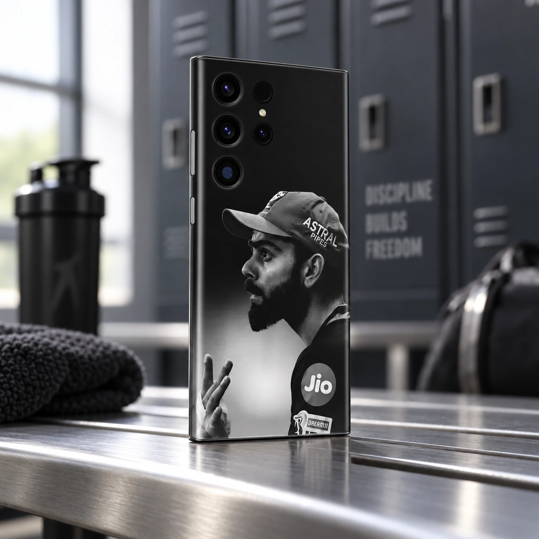 Virat Kohli Black & White Profile Mobile Skin - Locker View Black and white Virat Kohli side-profile mobile skin with cap portrait, locker view