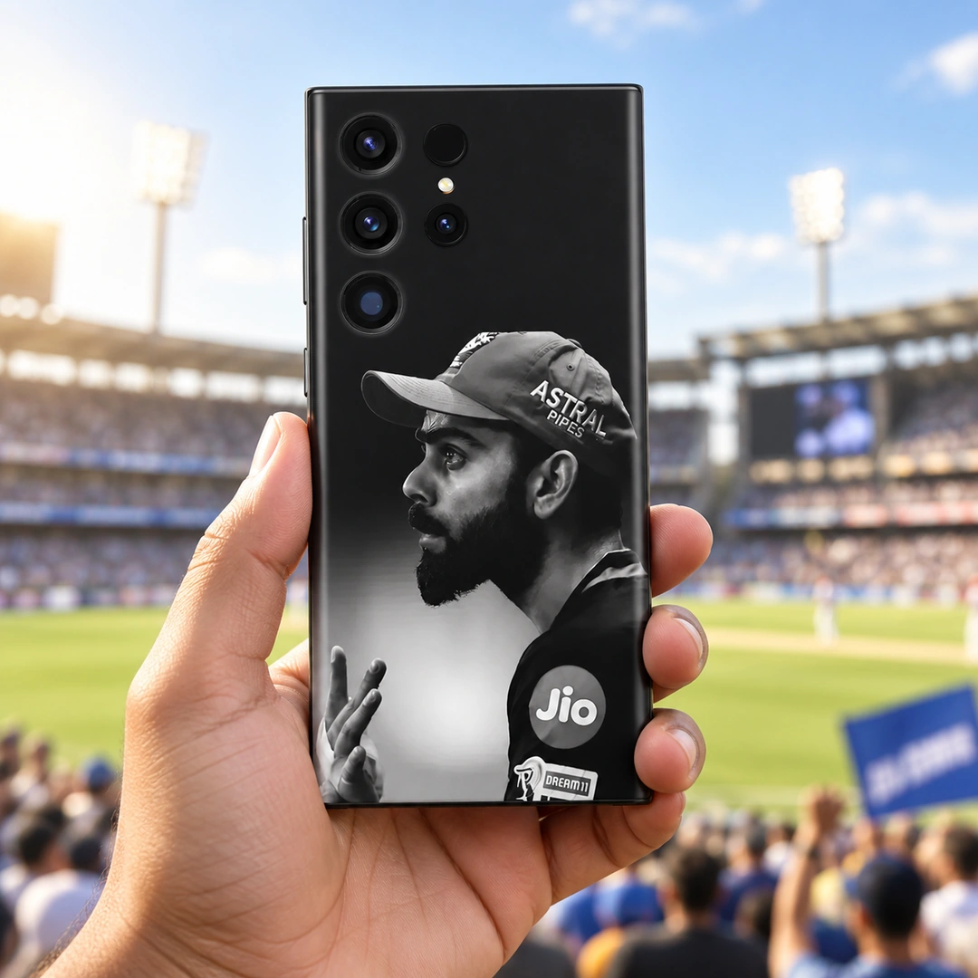 Virat Kohli Black & White Profile Mobile Skin - Stadium Handheld Black and white Virat Kohli side-profile mobile skin with cap portrait, stadium handheld