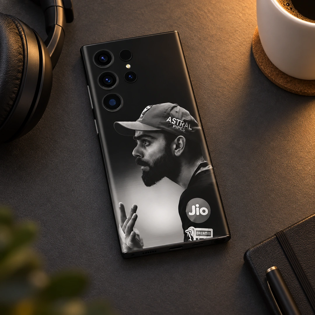 Virat Kohli Black & White Profile Mobile Skin - Evening Desk Black and white Virat Kohli side-profile mobile skin with cap portrait, evening desk