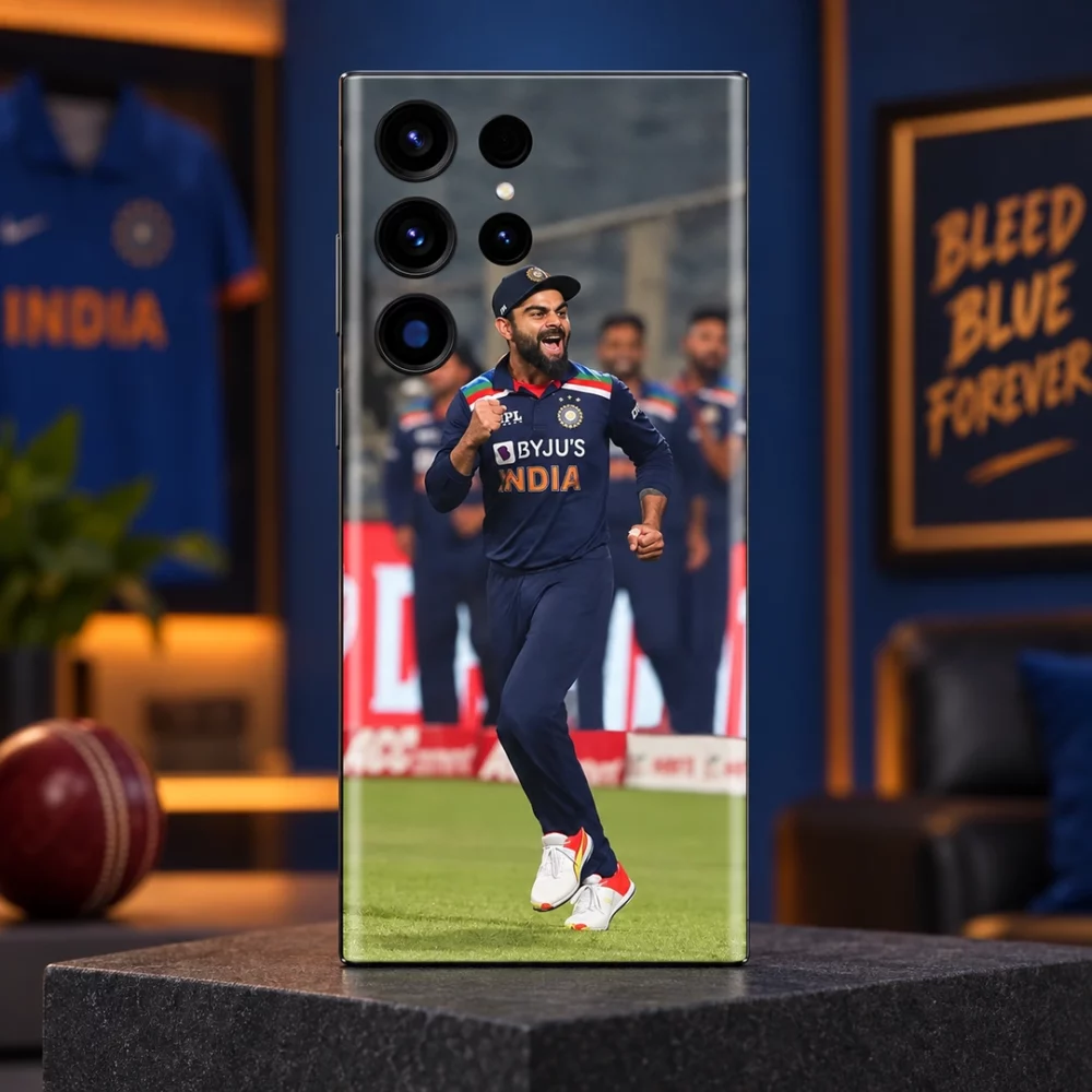 Virat Kohli navy India kit celebration mobile skin in navy lounge hero setting