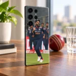 Virat Kohli navy India kit celebration mobile skin in walnut table angle setting