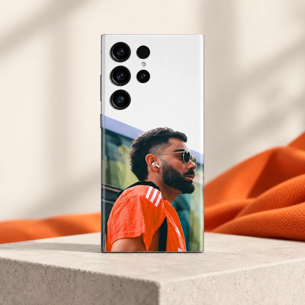 Virat Kohli photo mobile skin with orange shirt portrait and white upper design, studio hero