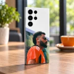 Virat Kohli photo mobile skin with orange shirt portrait and white upper design, cafe side angle