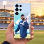 Virat Kohli mobile skin with blue training kit and bat, handheld sunset pavilion