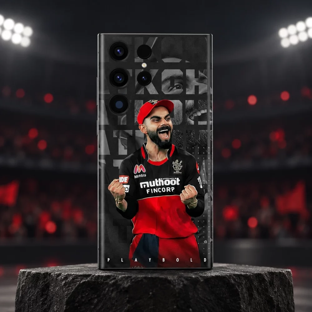 Virat Kohli red and black Play Bold mobile skin, stadium hero