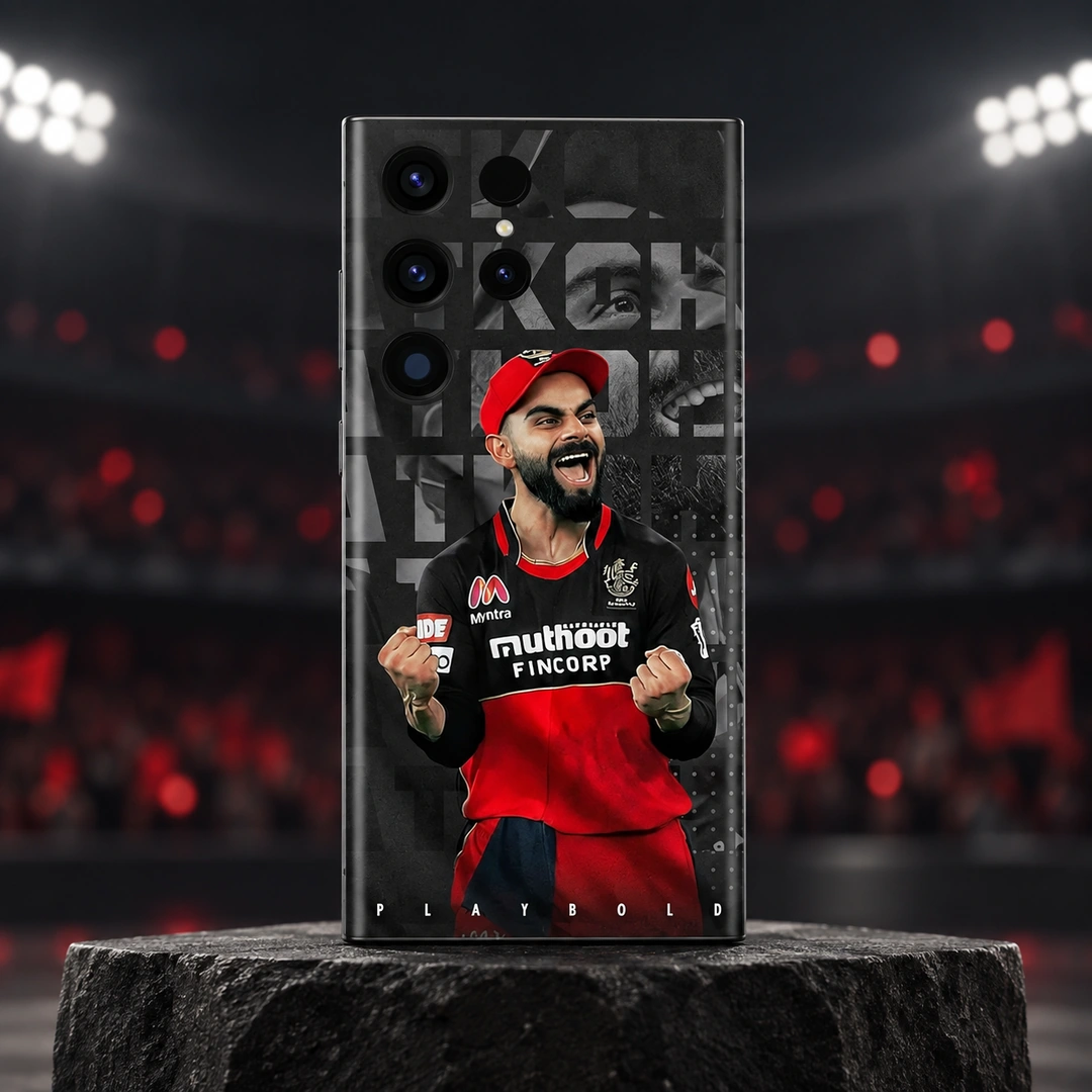 Virat Kohli Play Bold Mobile Skin – Stadium hero Virat Kohli red and black Play Bold mobile skin, stadium hero