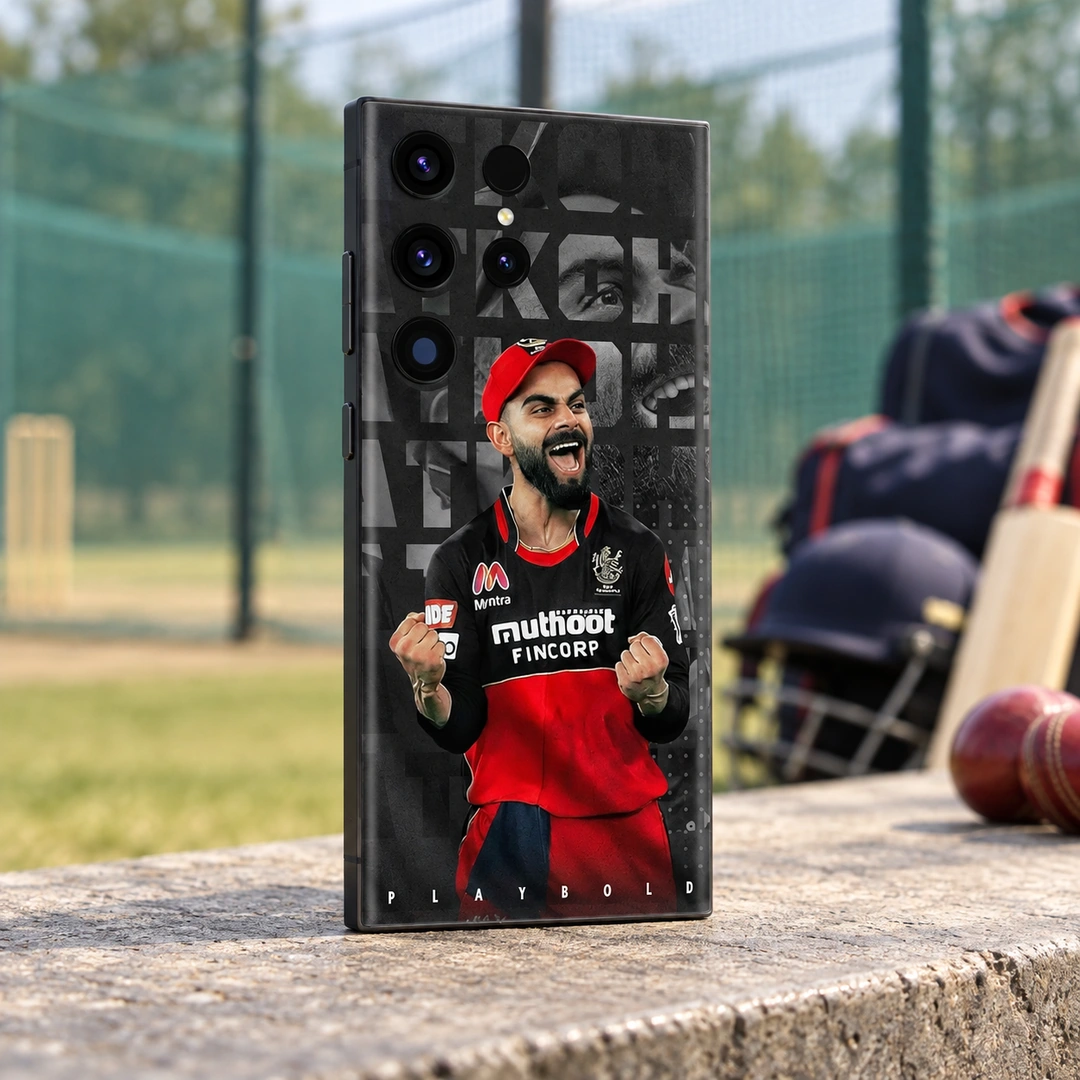 Virat Kohli Play Bold Mobile Skin – Practice nets angle Virat Kohli red and black Play Bold mobile skin, practice nets angle