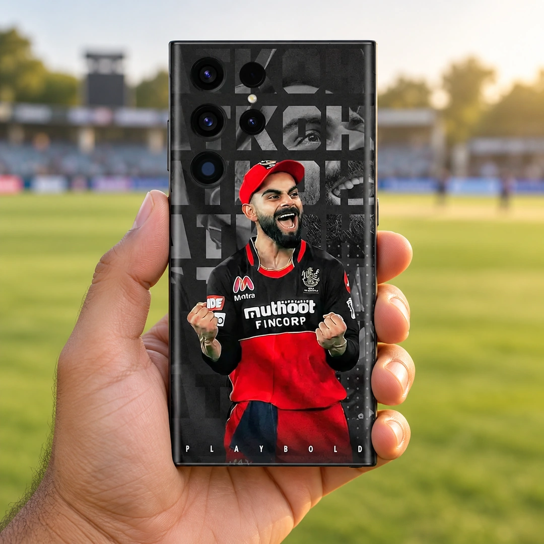 Virat Kohli Play Bold Mobile Skin – Handheld ground view Virat Kohli red and black Play Bold mobile skin, handheld ground view
