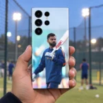 Virat Kohli mobile skin with blue training kit and bat, handheld evening practice nets