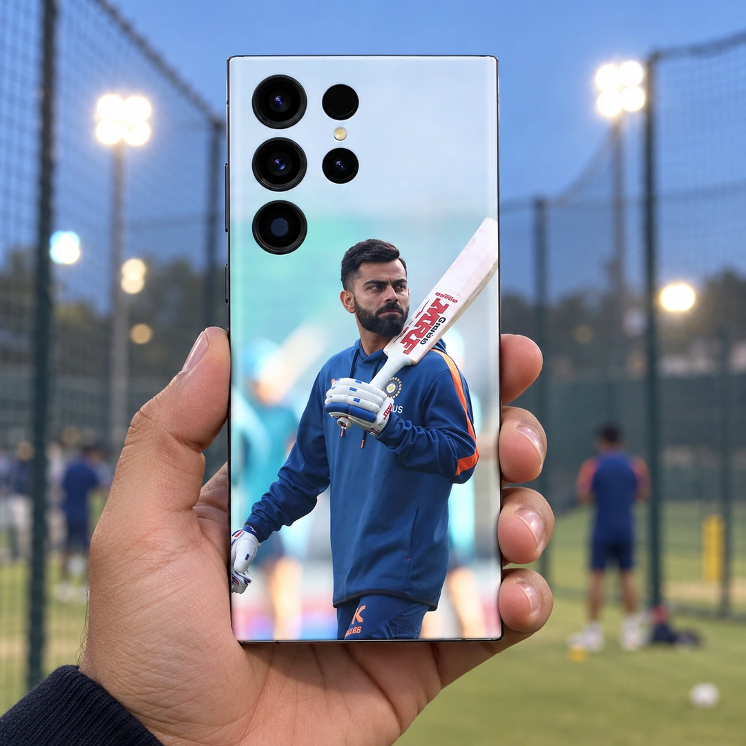 Virat Kohli Blue Training Photo Mobile Skin - Handheld Evening Practice Nets Virat Kohli mobile skin with blue training kit and bat, handheld evening practice nets