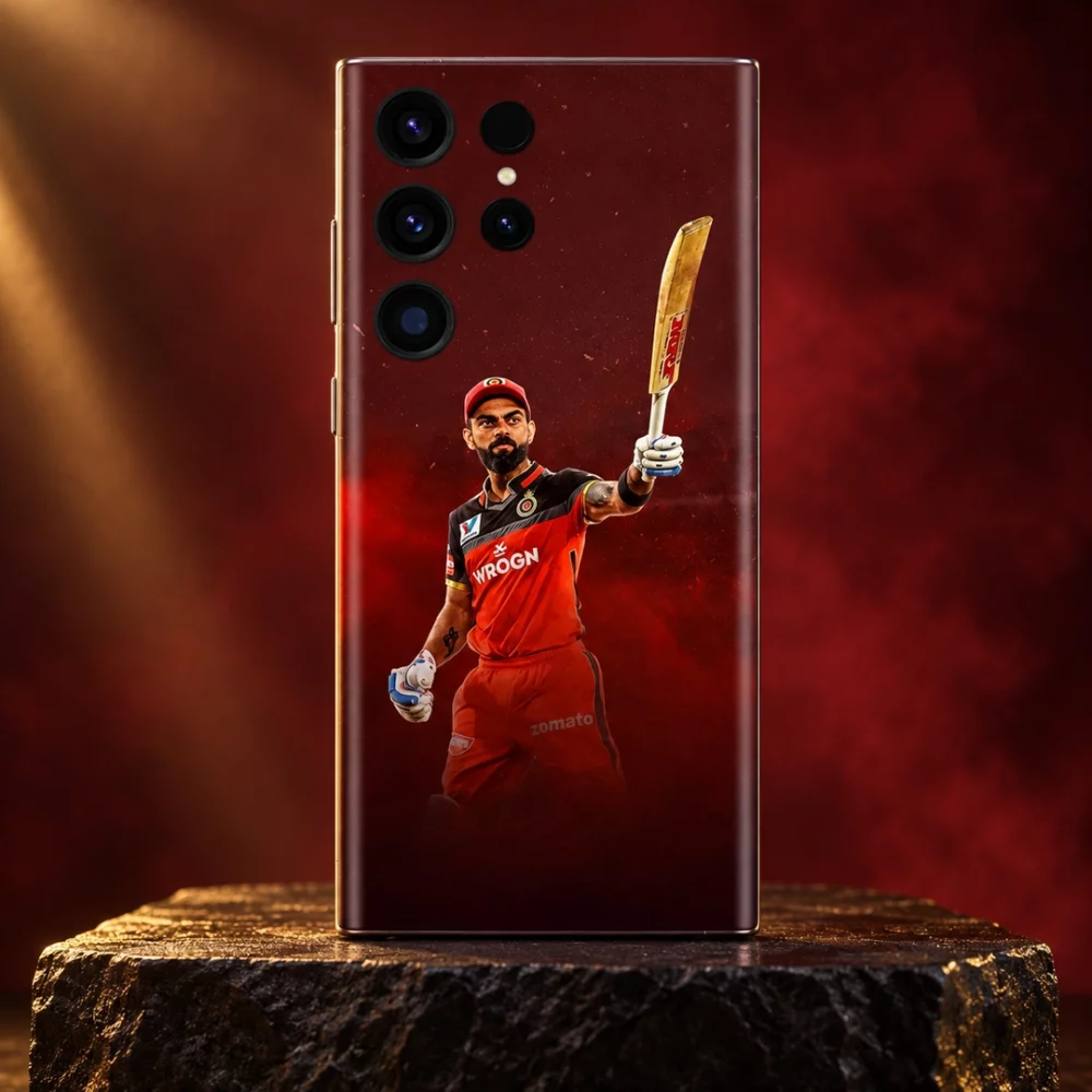 Virat Kohli raised-bat photo mobile skin in red and black, burgundy studio hero