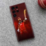 Virat Kohli raised-bat photo mobile skin in red and black, grey stone flat lay