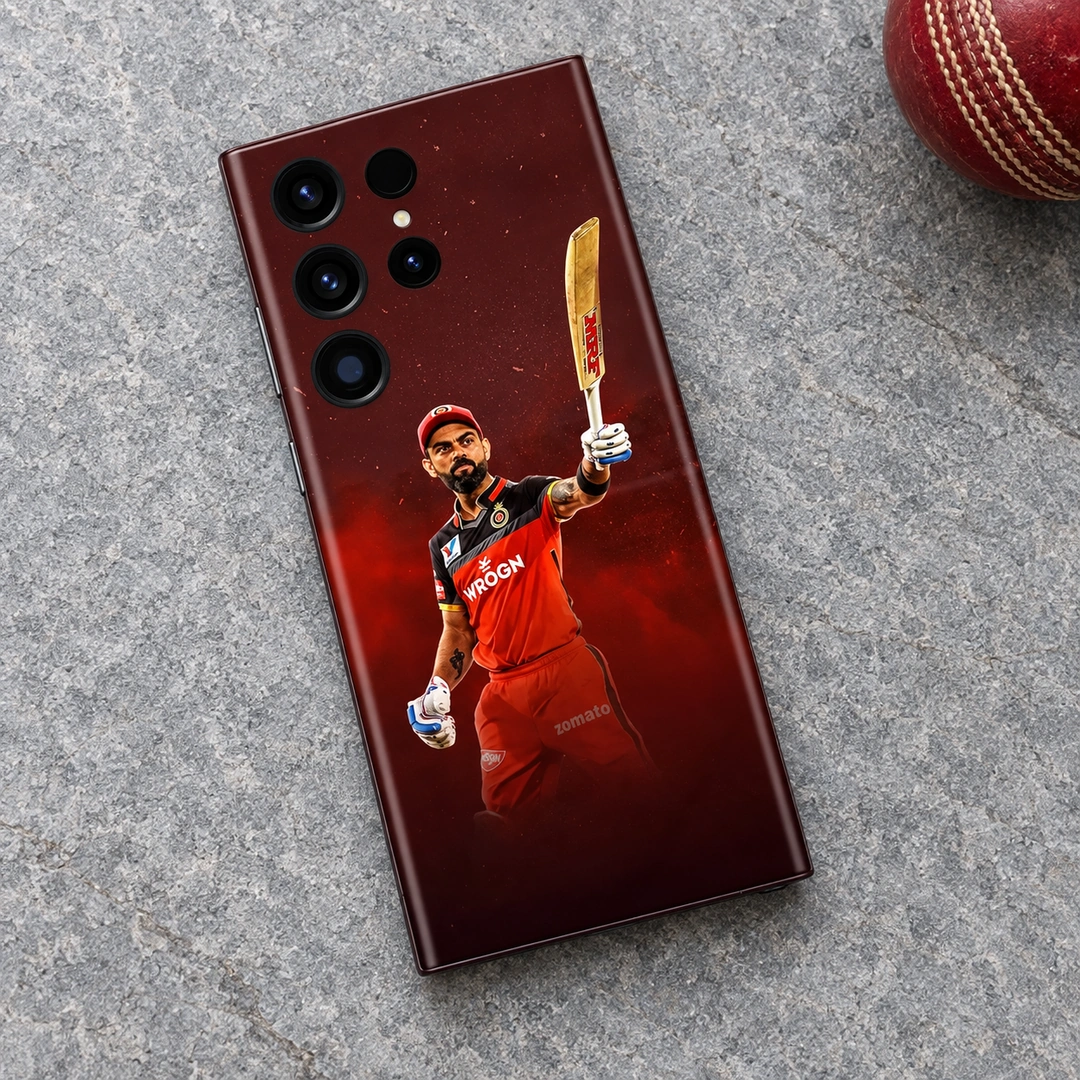 Virat Kohli Raised Bat Photo Mobile Skin - grey stone flat lay Virat Kohli raised-bat photo mobile skin in red and black, grey stone flat lay